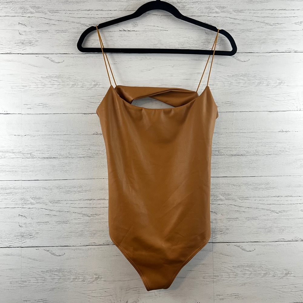 Alix NYC Camel Colored Faux Leather Bodysuit Size L